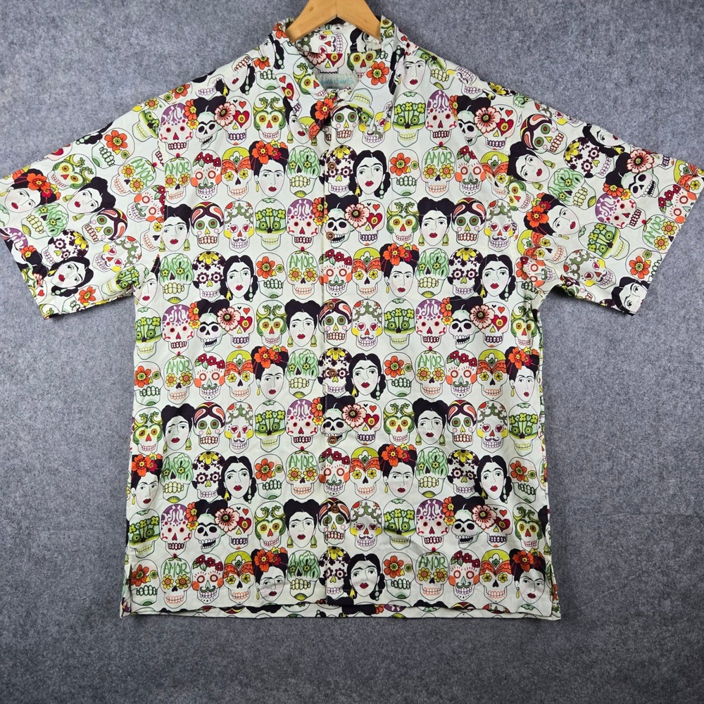 Sayulita Shirt Co Button Up Mens 3XL White Frida Kahlo Sugar Skull Folk Art Amor